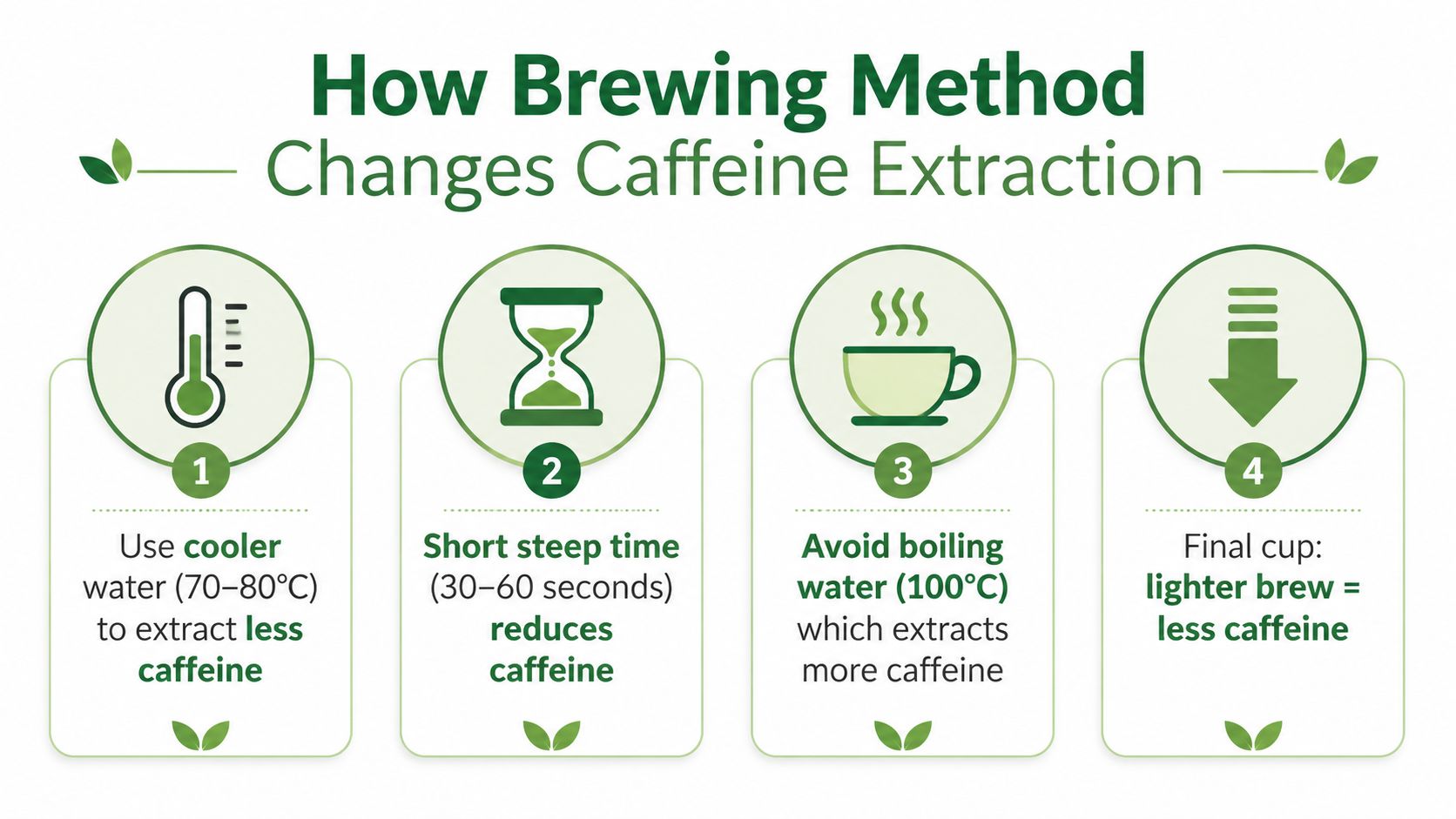 A four-step infographic showing how to reduce caffeine content in brewed tea by adjusting water temperature and time.
