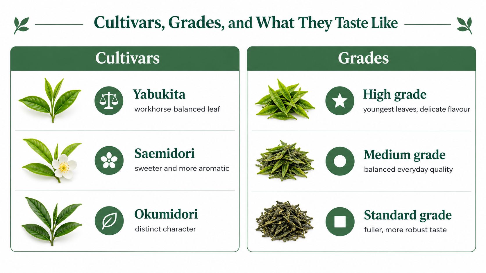 A chart comparing different Japanese tea cultivars and grades, illustrating their unique characteristics and tasting profiles.
