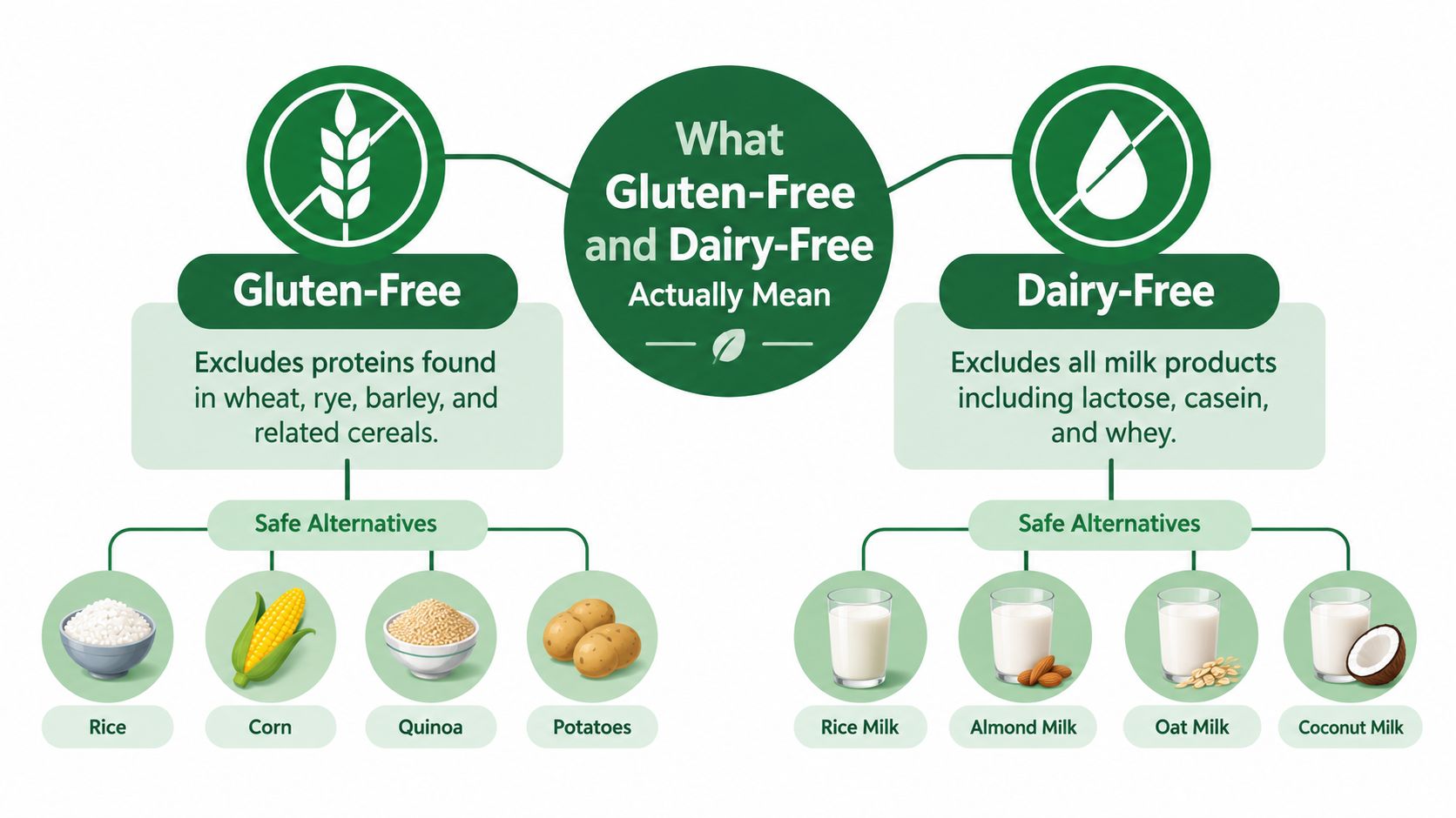 An infographic explaining gluten-free and dairy-free diets with lists of safe food alternatives for each.