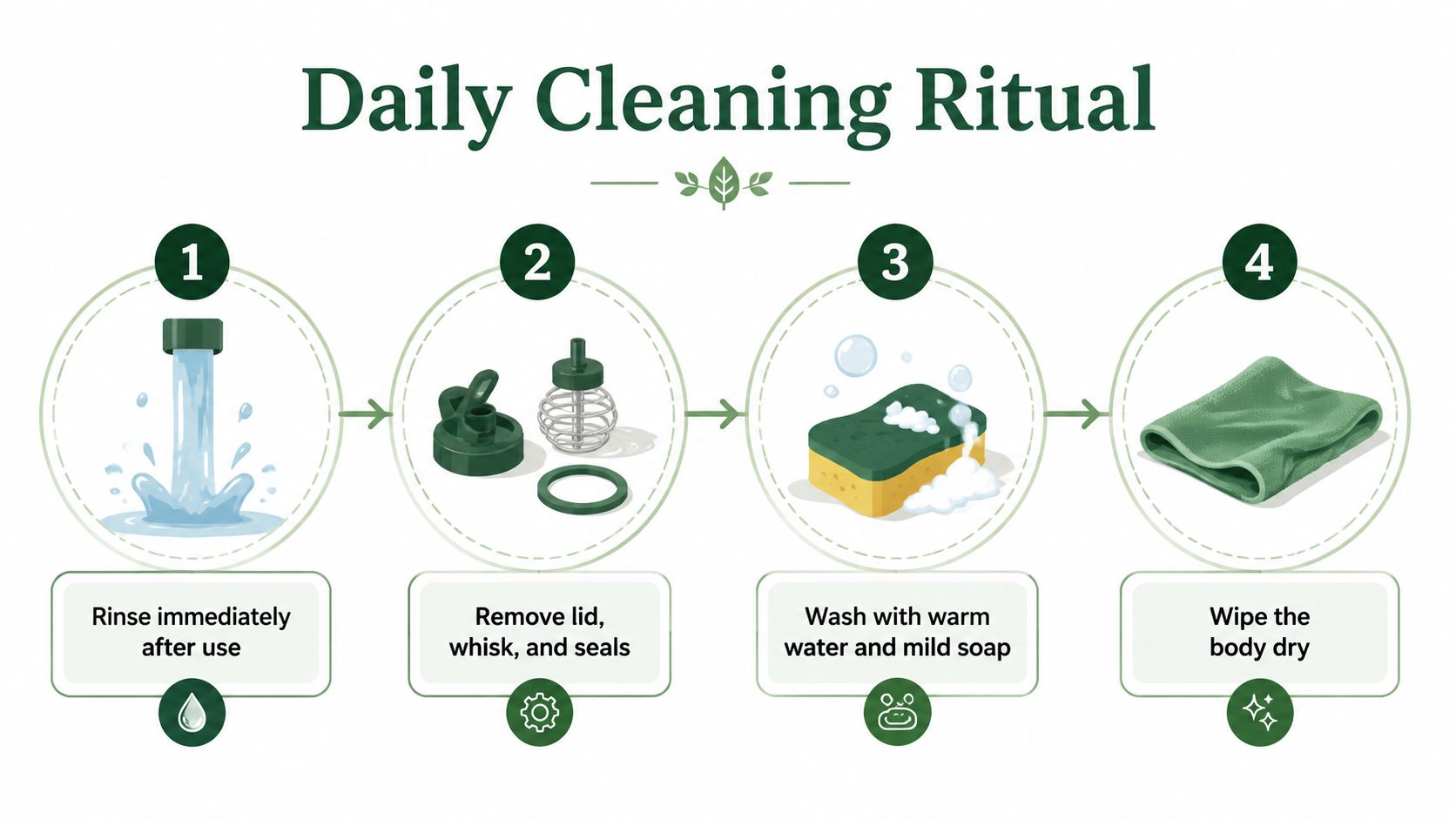An infographic showing a four-step daily cleaning ritual for a milk frother with clear visual icons and instructions.