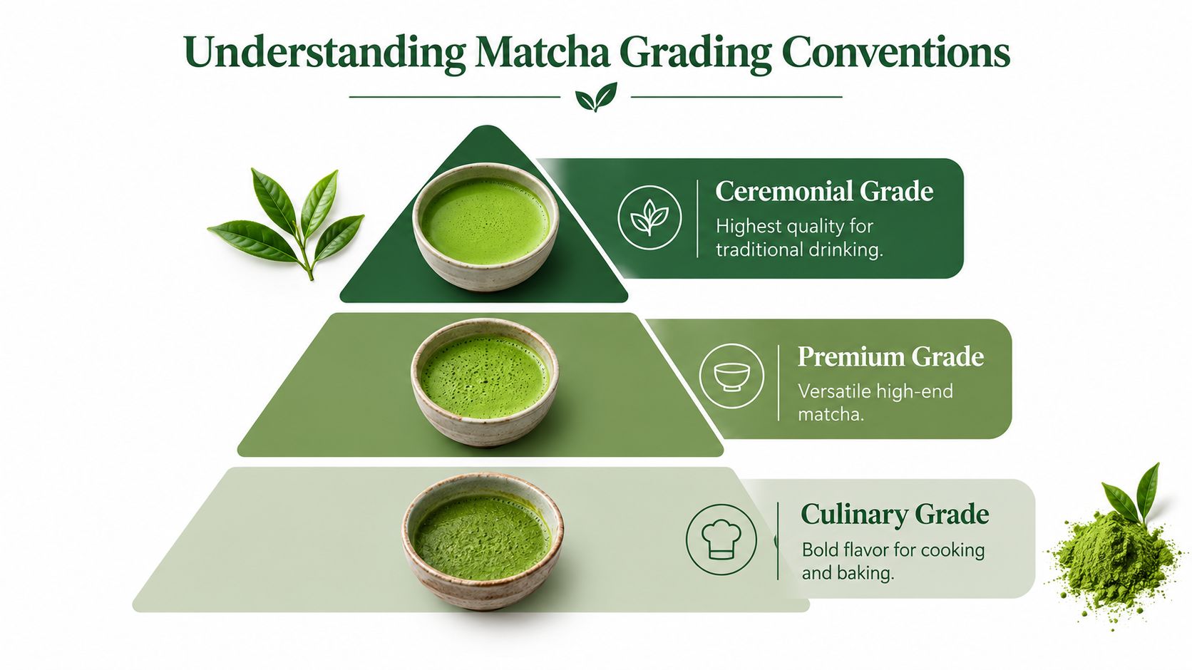 An infographic pyramid chart illustrating the three main grading levels of matcha green tea powder.