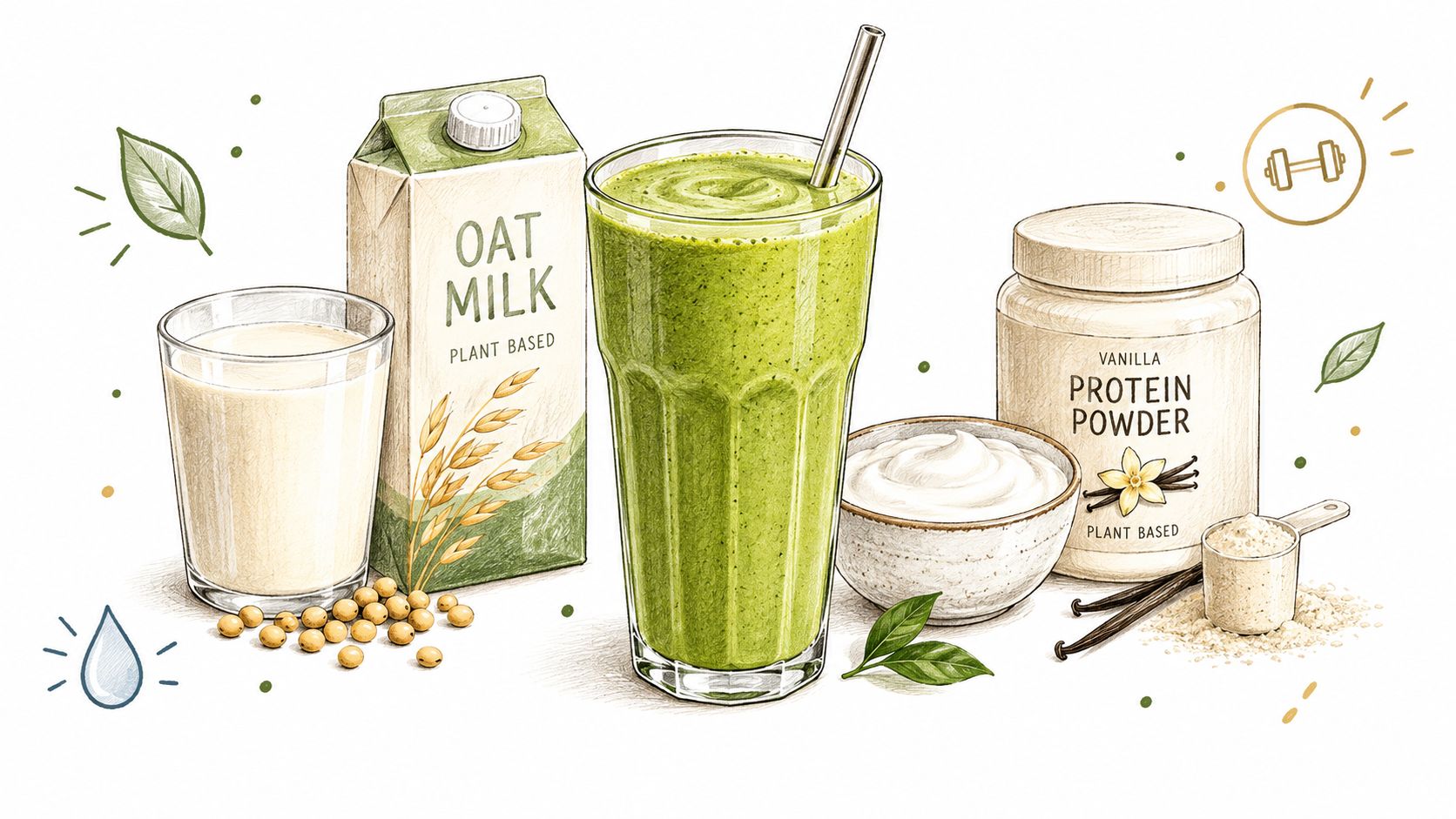 A hand-drawn illustration of a matcha green smoothie, oat milk, and vanilla protein powder on white background.