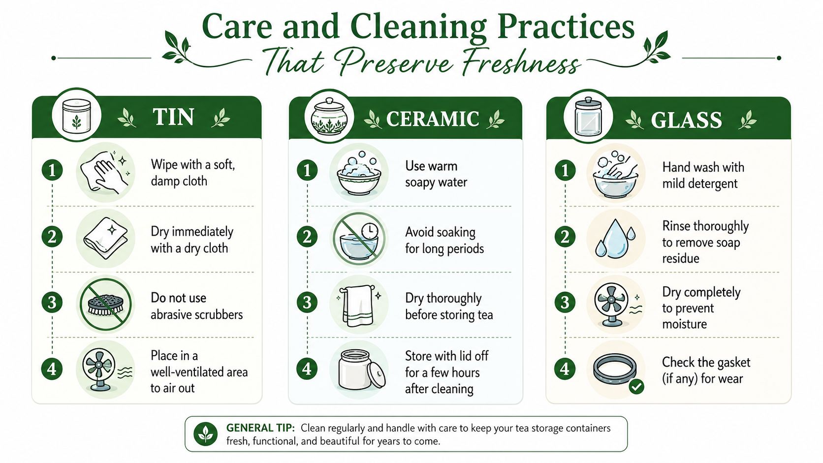 A helpful infographic outlining cleaning and care instructions for tin, ceramic, and glass tea storage containers.