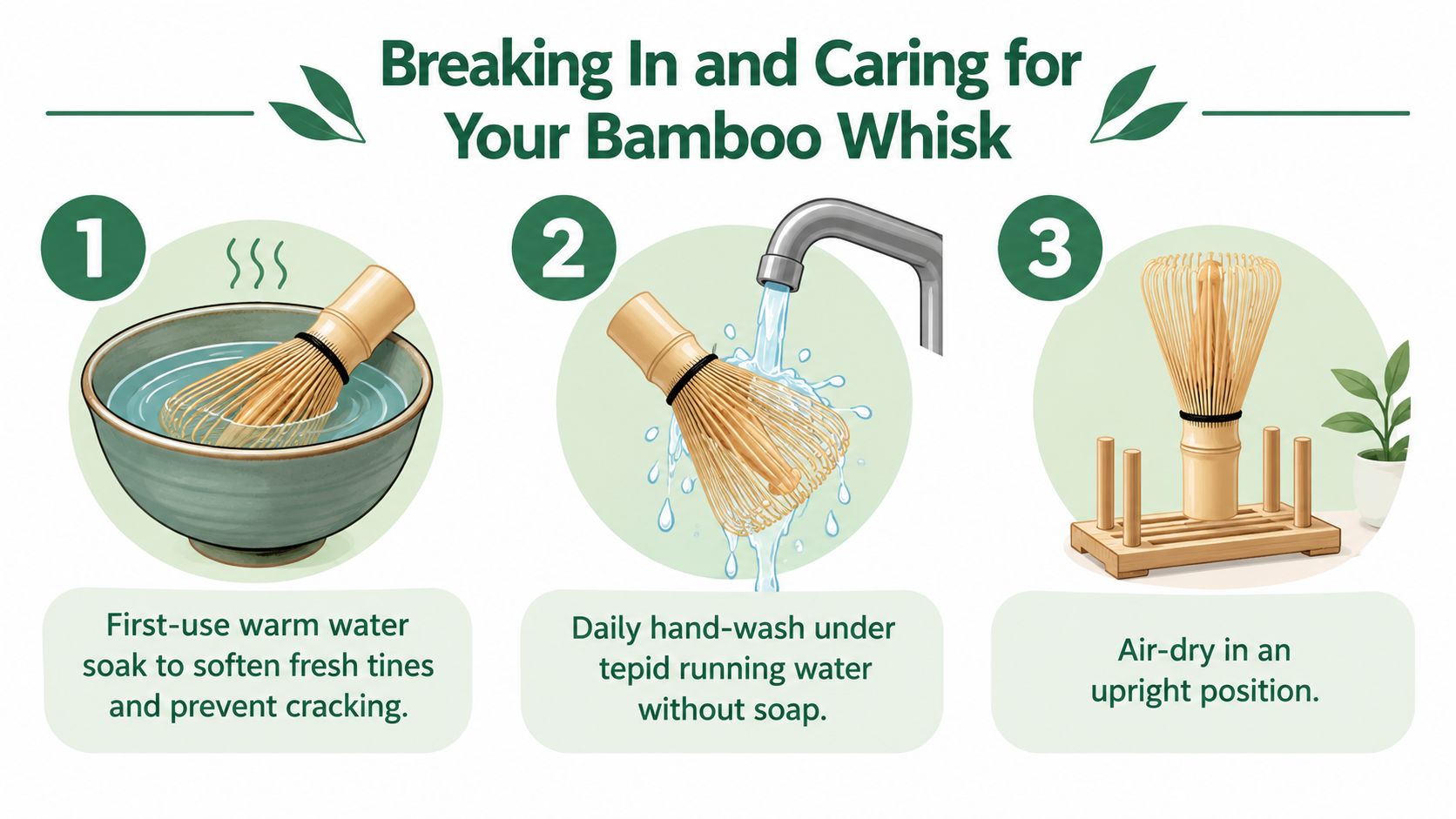 A three-step infographic showing how to clean and care for a bamboo matcha whisk.