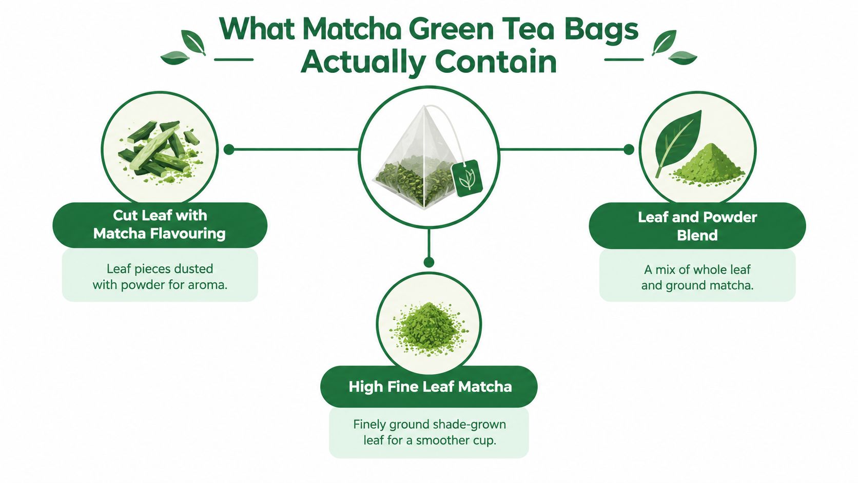 An infographic showing the three different ingredients commonly found inside various types of matcha green tea bags.