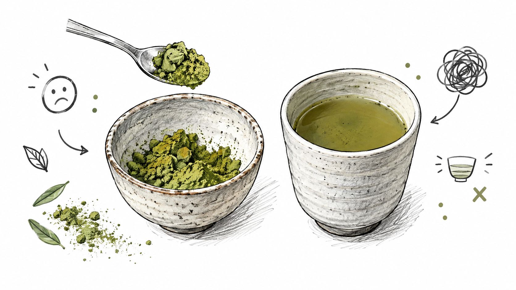 An artistic sketch showing matcha powder being spooned into a bowl and a finished cup of tea.