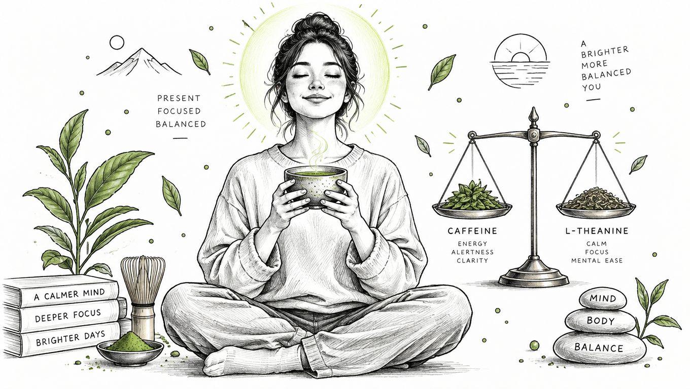 A woman meditating with a cup of matcha tea, highlighting the balance of caffeine and L-theanine benefits.