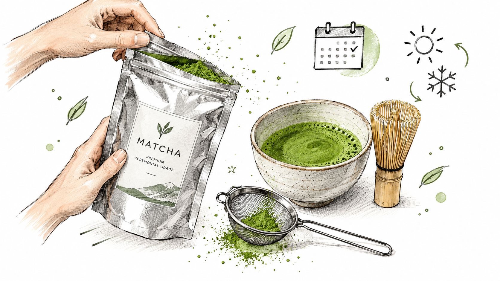 A hand-drawn illustration showing a pouch of matcha powder, a bowl of green tea, and a whisk.