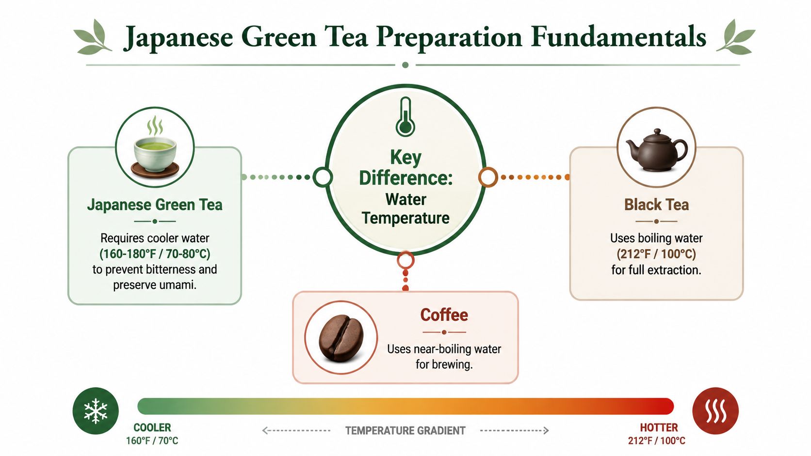 An infographic comparing optimal water temperatures for brewing Japanese green tea, black tea, and coffee for best flavor.