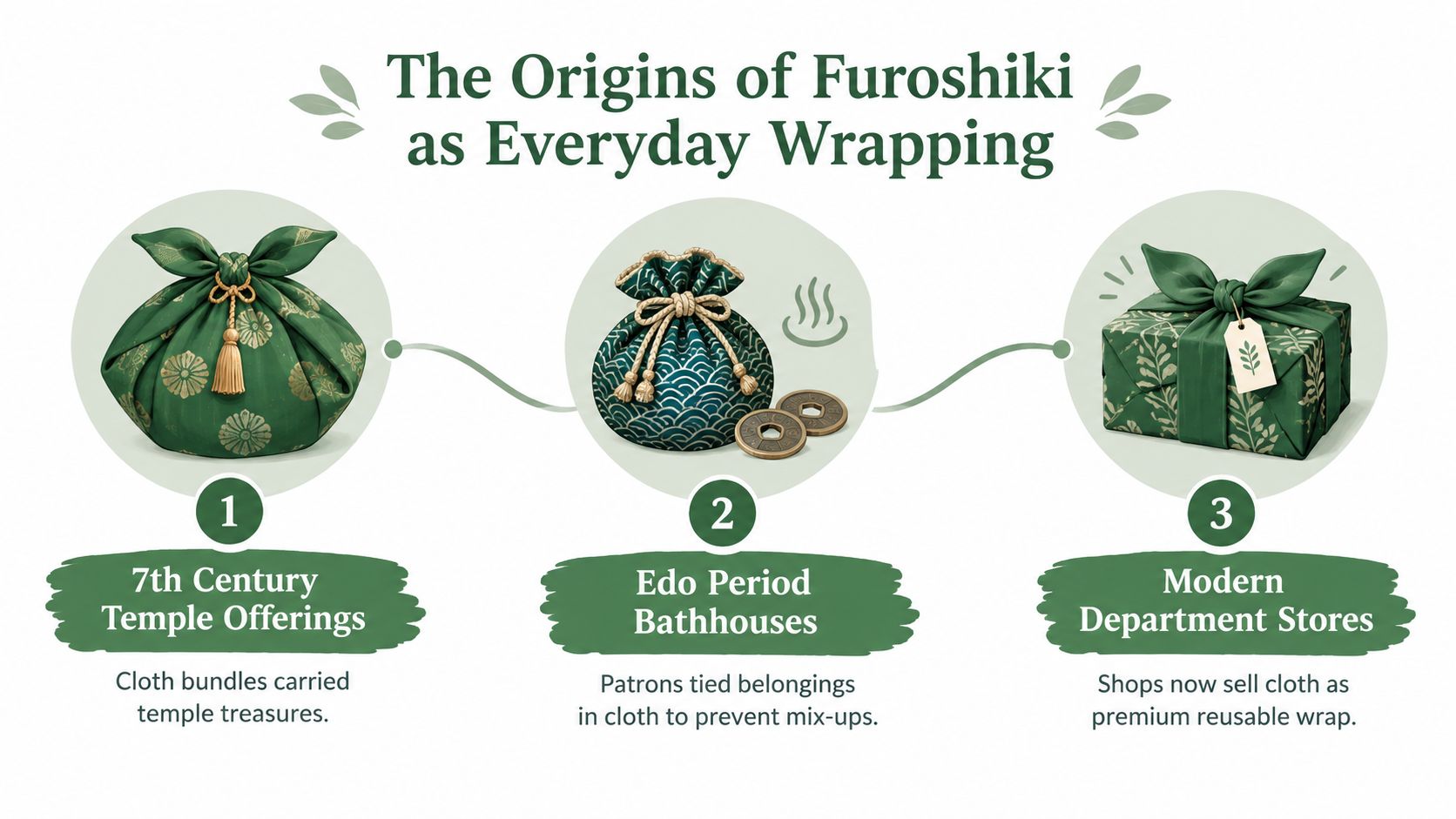 An infographic showing the historical evolution of Furoshiki wrapping from 7th century temple offerings to modern department stores.