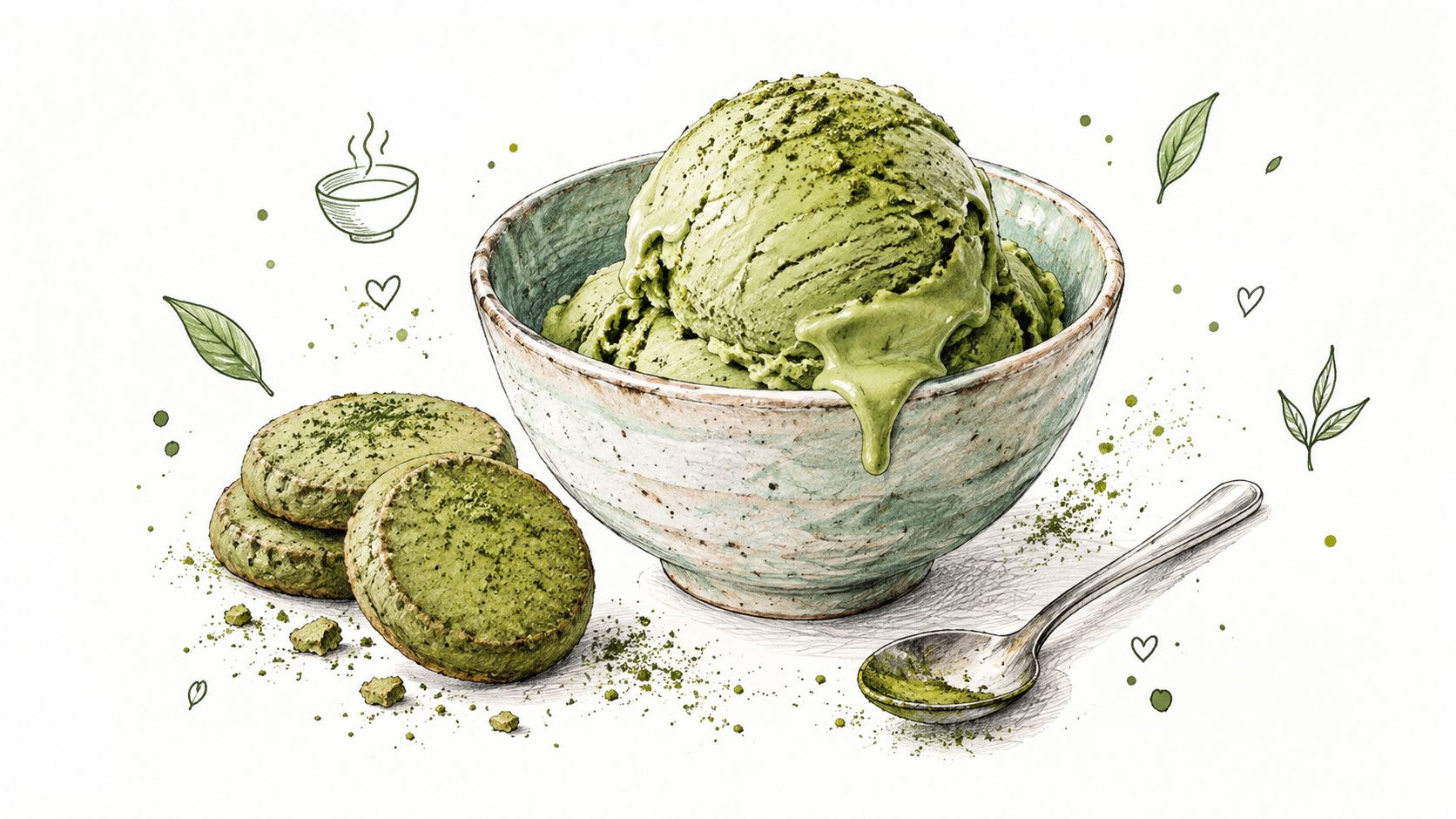 A scoop of green tea ice cream in a textured bowl served with cookies and a spoon.