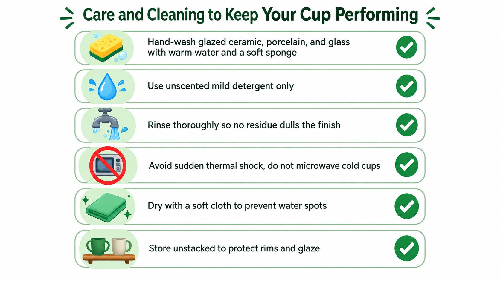 An instructional infographic detailing proper care and cleaning tips for ceramic, porcelain, and glass cups.