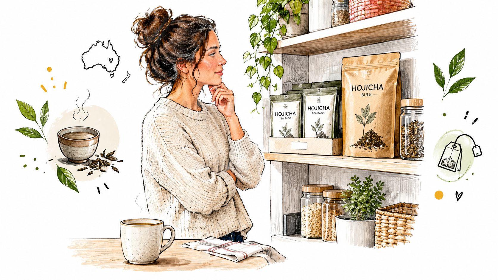 A young woman thoughtfully considering hojicha tea products on a pantry shelf with a steaming cup nearby.