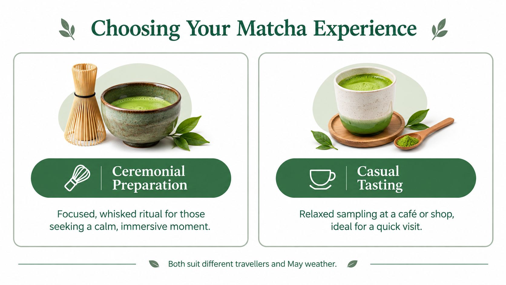 A comparison chart showing ceremonial matcha preparation with a whisk and casual matcha tasting in a cafe.