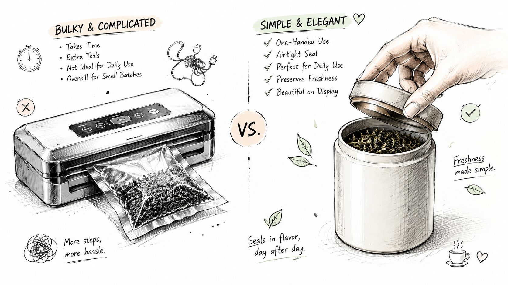 A comparison illustration showing a bulky vacuum sealer versus a simple, elegant airtight tea canister.