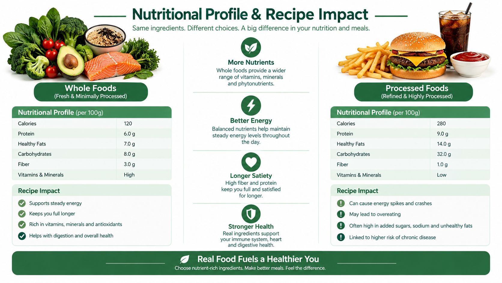 A comparison infographic between whole foods and processed foods highlighting nutritional profiles, health benefits, and energy impacts.