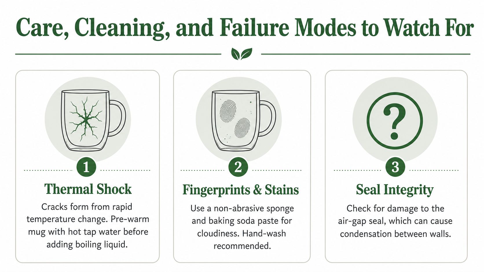 A guide showing care, cleaning, and maintenance tips for double-walled glass mugs to avoid damage.