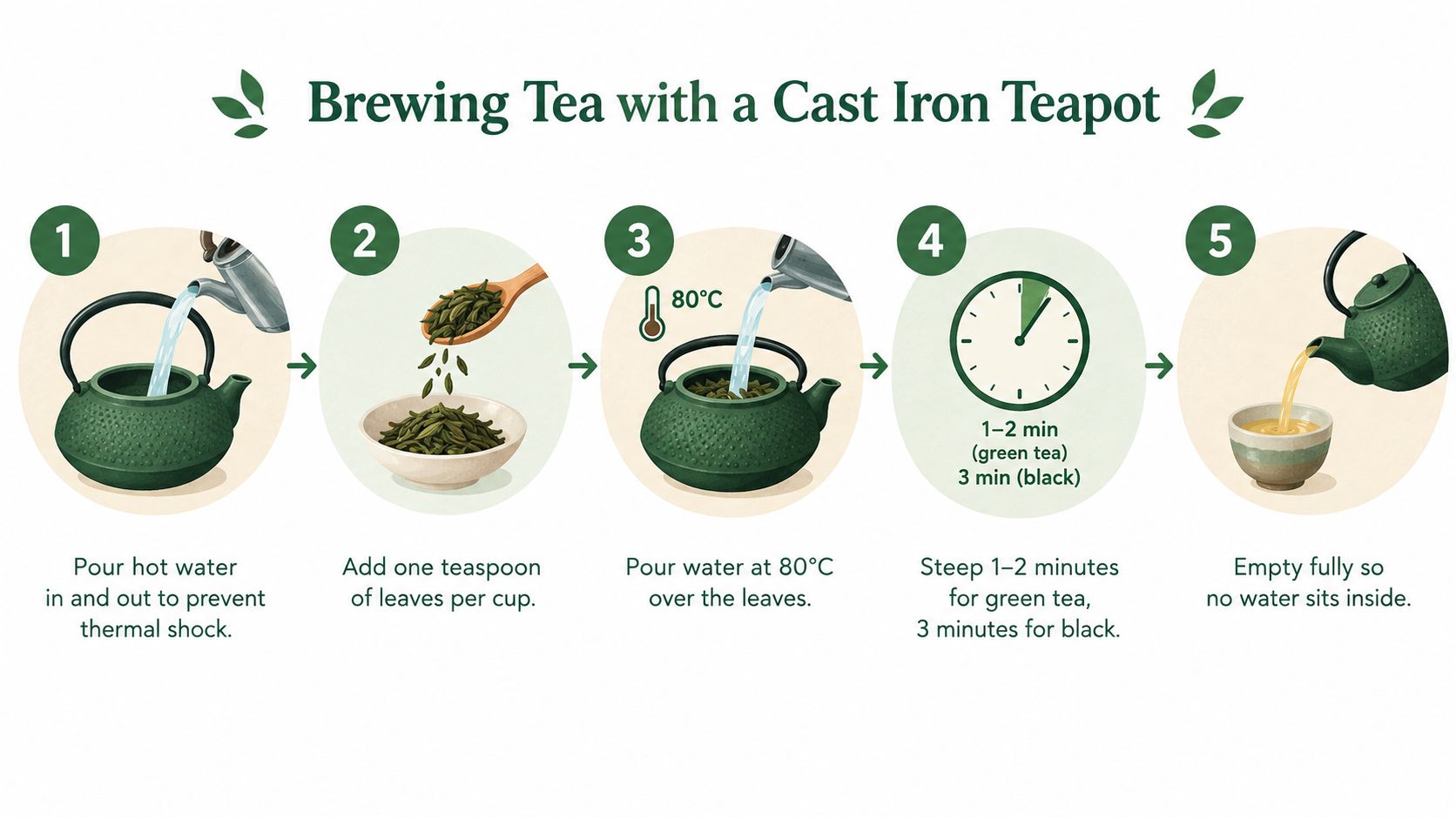 An illustrated five-step guide on how to properly brew tea using a traditional cast iron teapot.