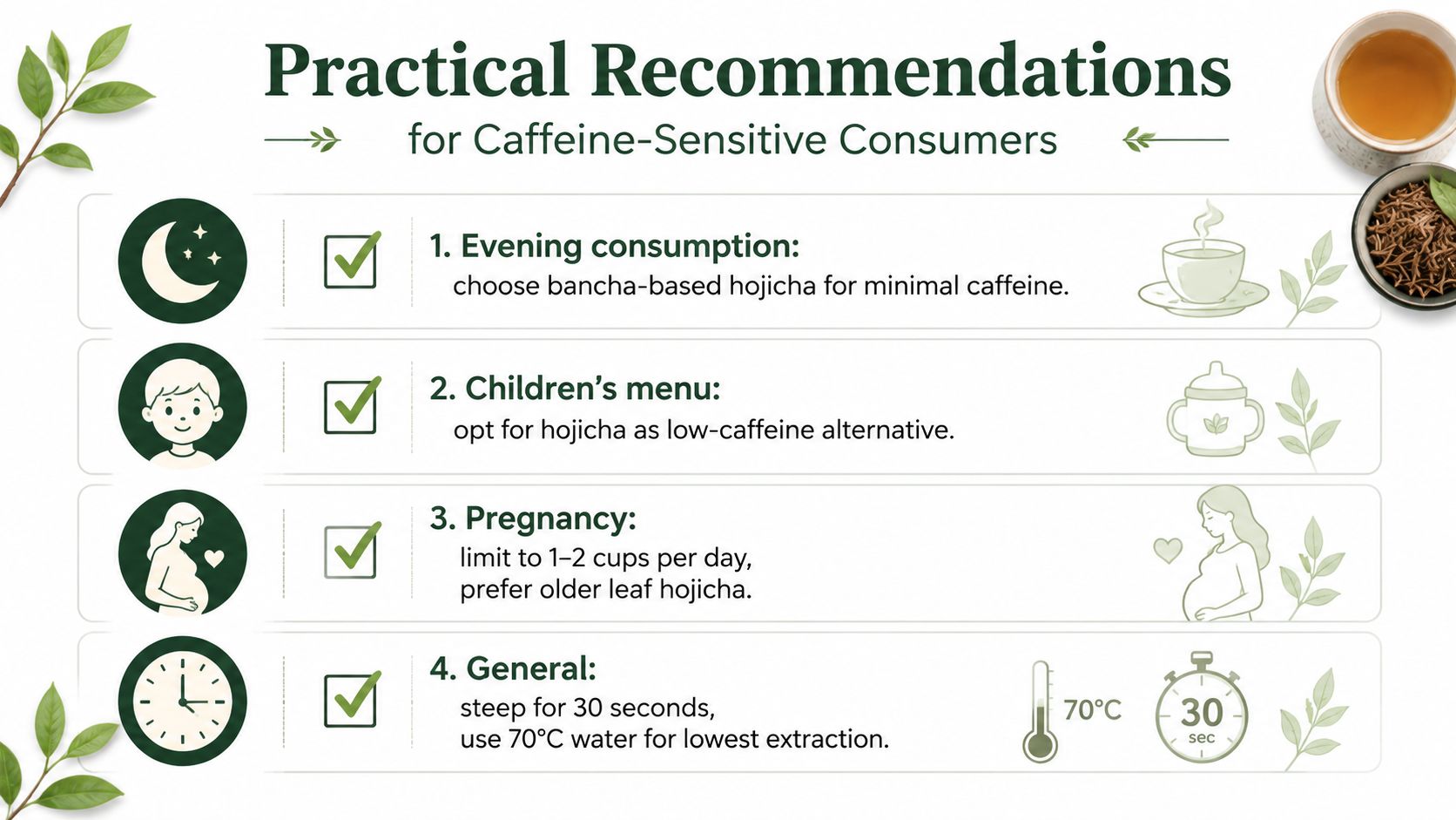 An infographic titled Practical Recommendations for Caffeine-Sensitive Consumers showing tips for drinking hojicha tea safely.