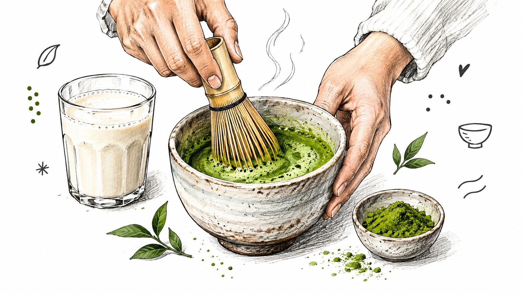 A detailed drawing of hands whisking vibrant green matcha tea in a rustic ceramic bowl with milk.