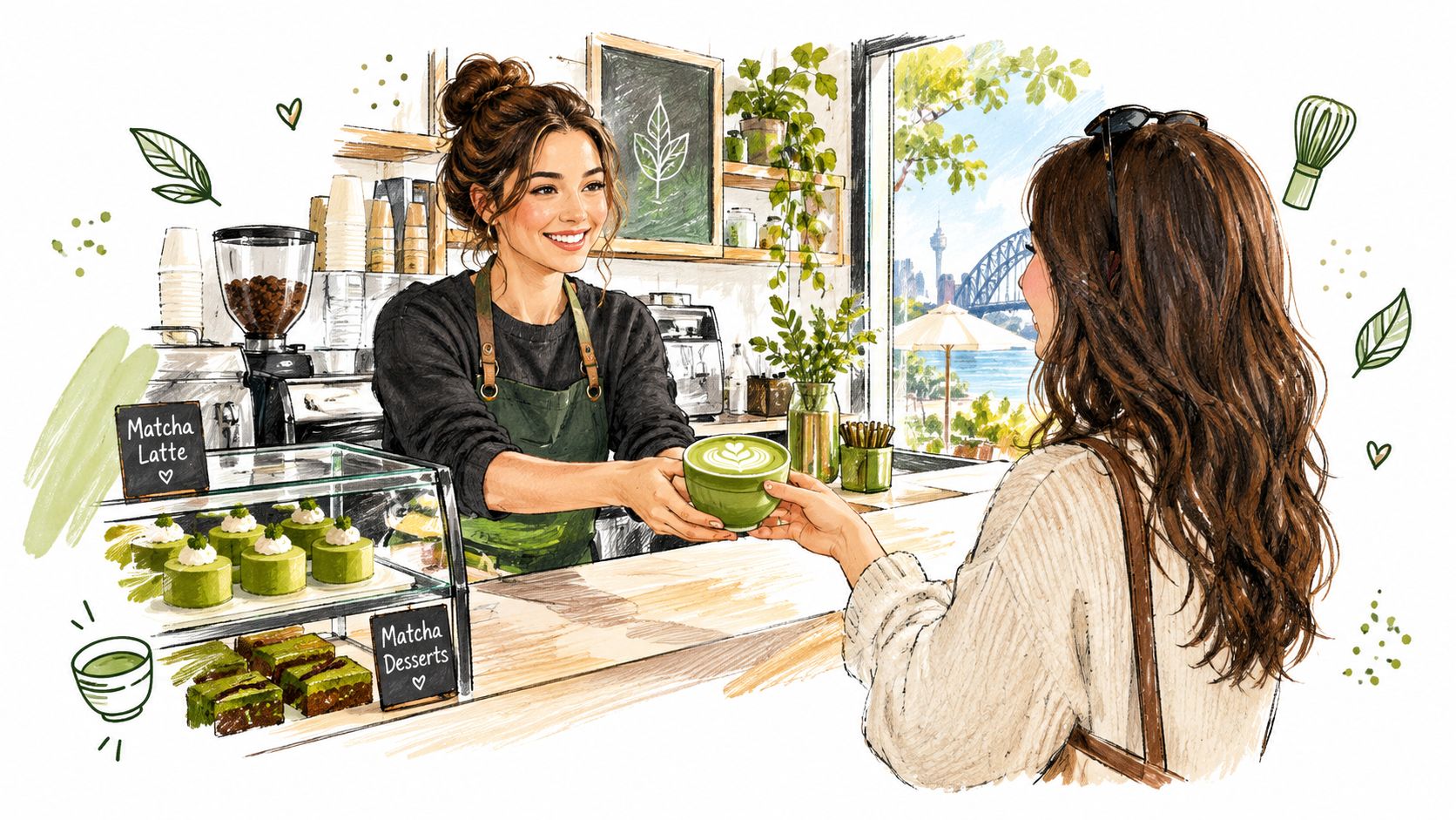 A friendly barista handing a matcha latte to a customer in a bright, scenic Japanese-style tea cafe.