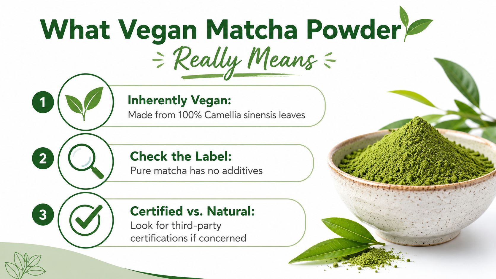 An infographic explaining that vegan matcha powder is naturally made from tea leaves without any animal-derived ingredients.