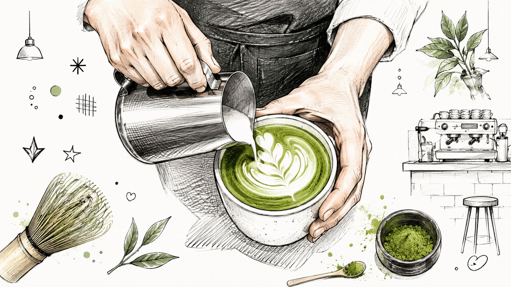 A detailed illustration of a barista pouring steamed milk into a bowl of vibrant green ceremonial matcha latte.