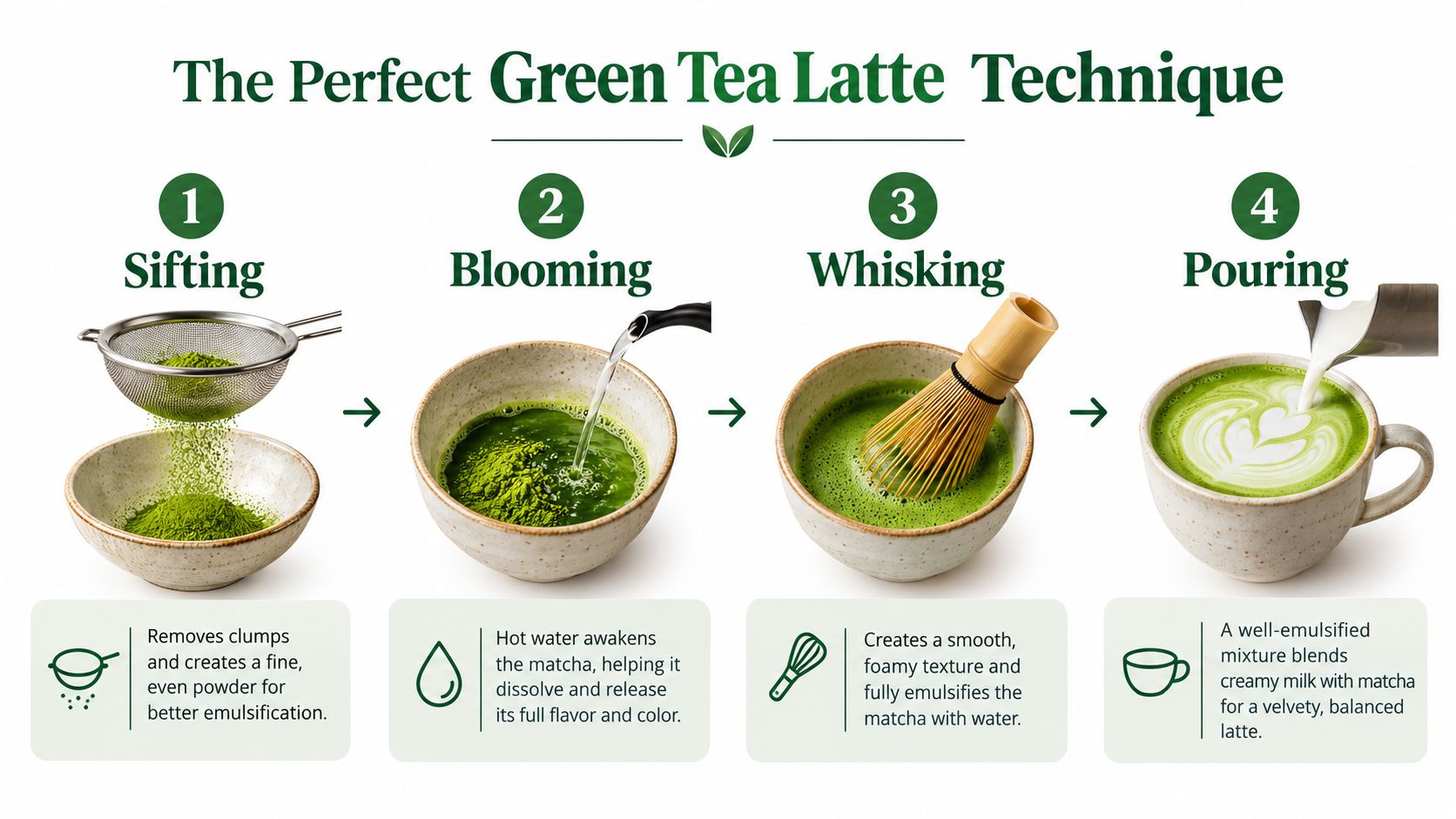 A step-by-step instructional infographic showing the four essential stages to prepare a perfect green tea latte.