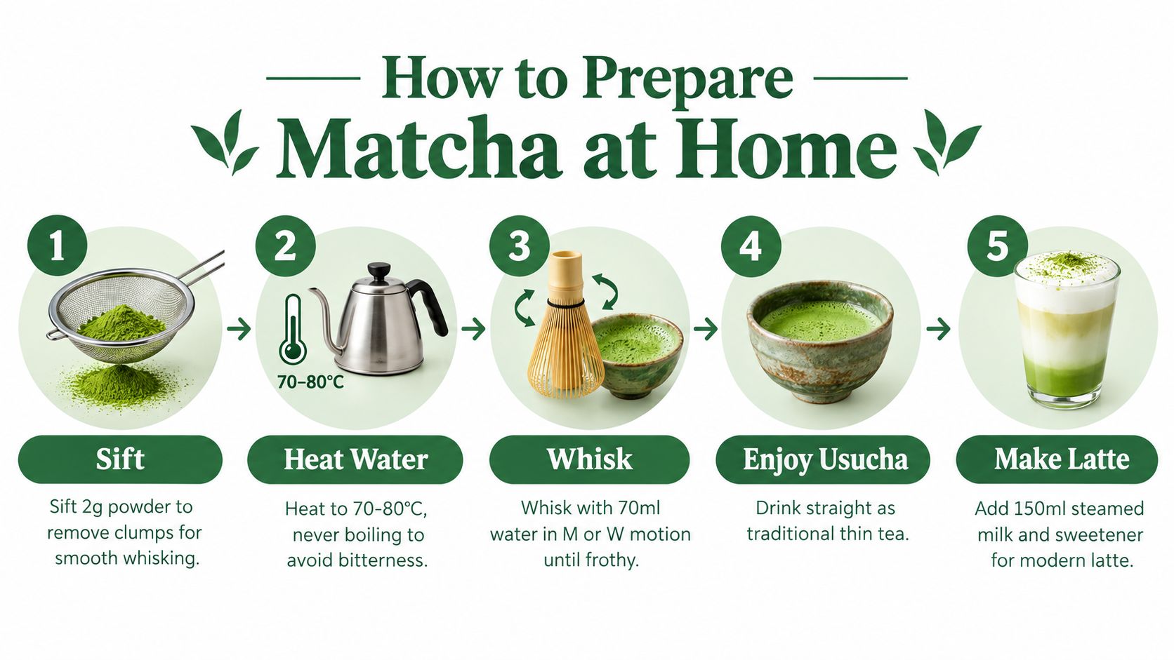 An infographic showing a five-step guide for preparing matcha tea at home with pictures and text.