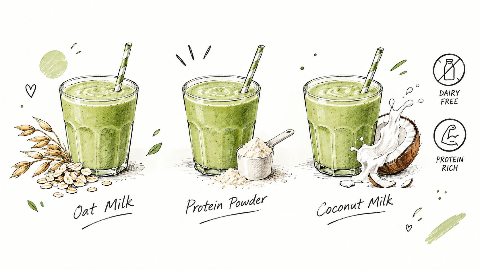 Three glasses of green matcha smoothies illustrated with oat milk, protein powder, and coconut milk ingredients.