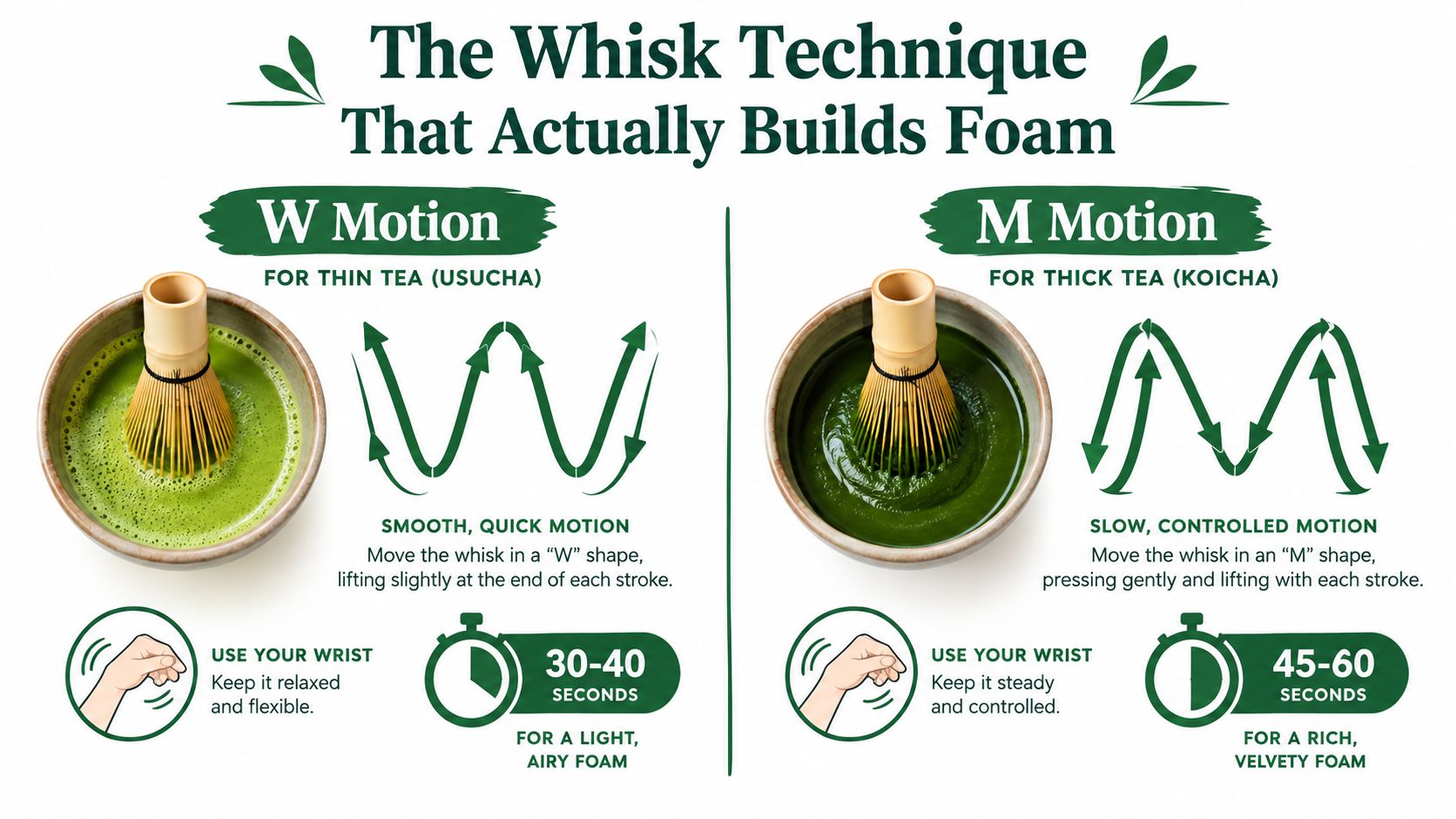An instructional infographic demonstrating the W and M whisking techniques for preparing thin and thick matcha tea.