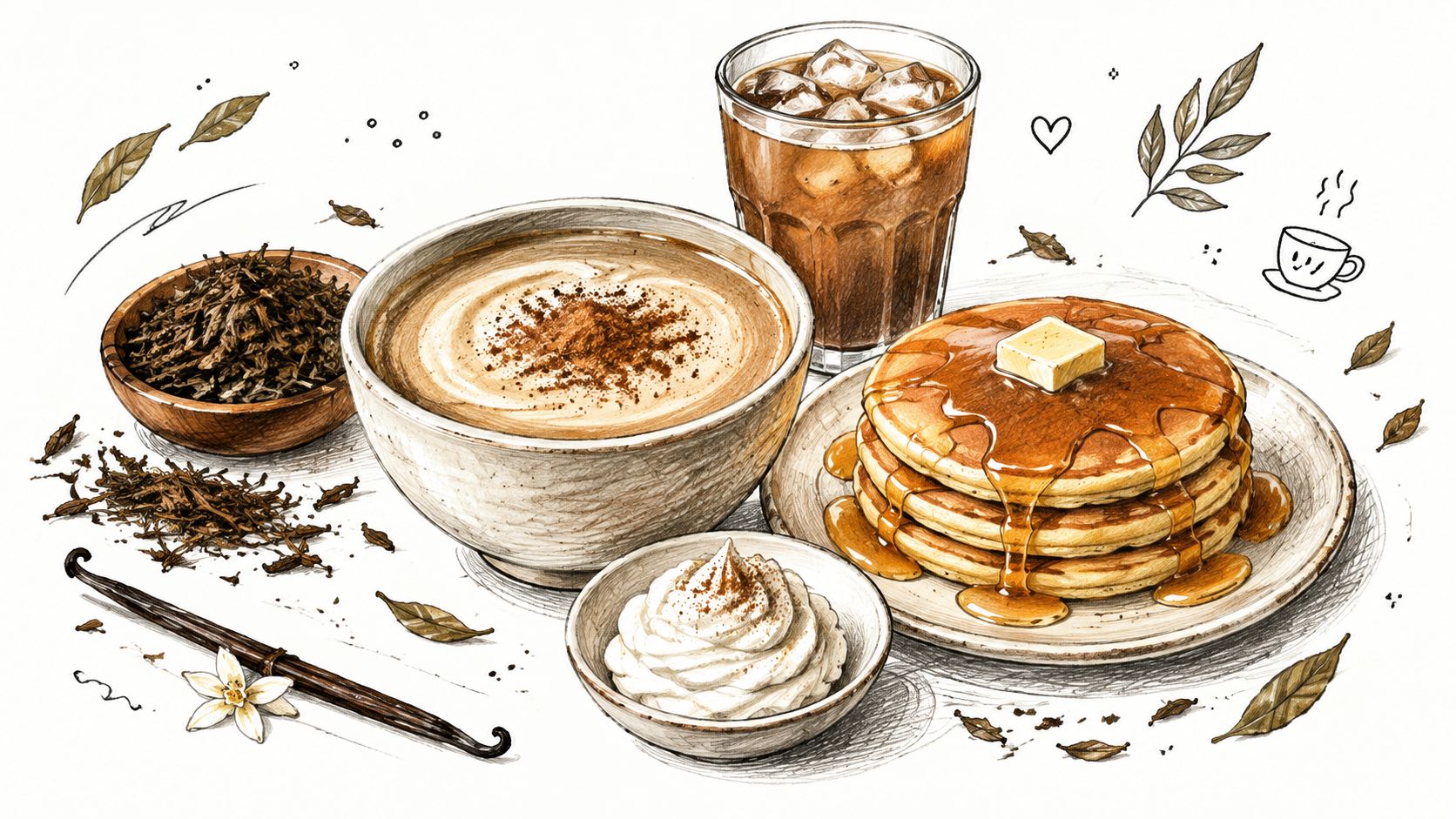 A hand-drawn illustration featuring a bowl of loose leaf hojicha, pancakes, whipped cream, and iced tea.