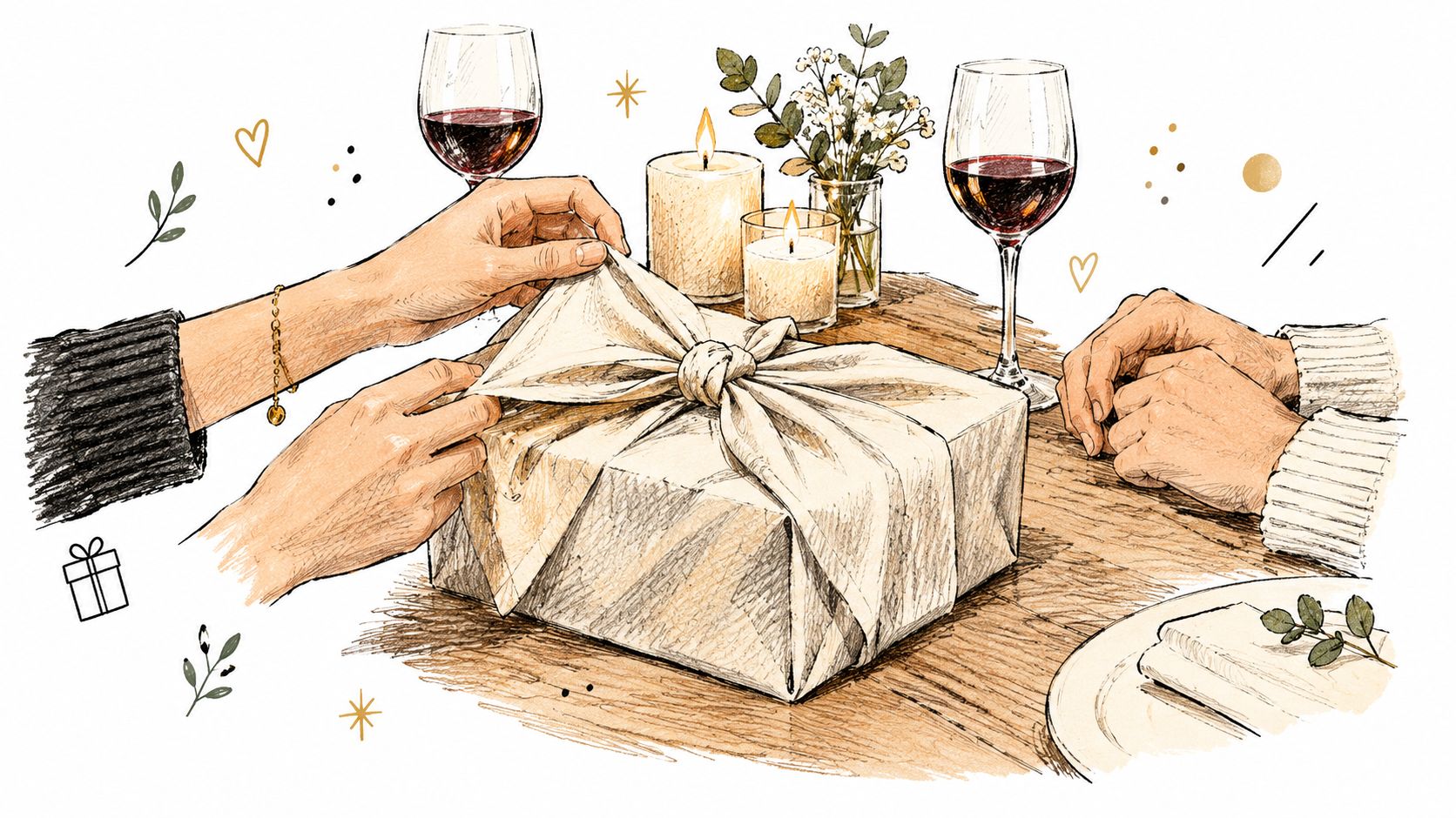 A close-up illustration of hands wrapping a gift using the traditional Japanese furoshiki fabric wrapping technique.