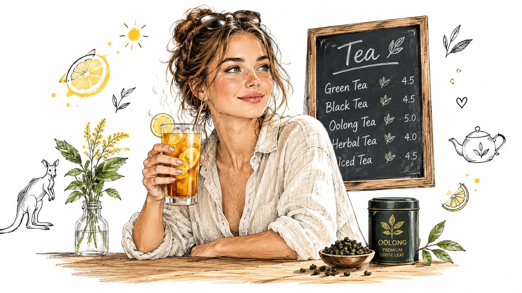 A woman enjoying an iced tea drink next to a chalk menu listing various premium tea options.