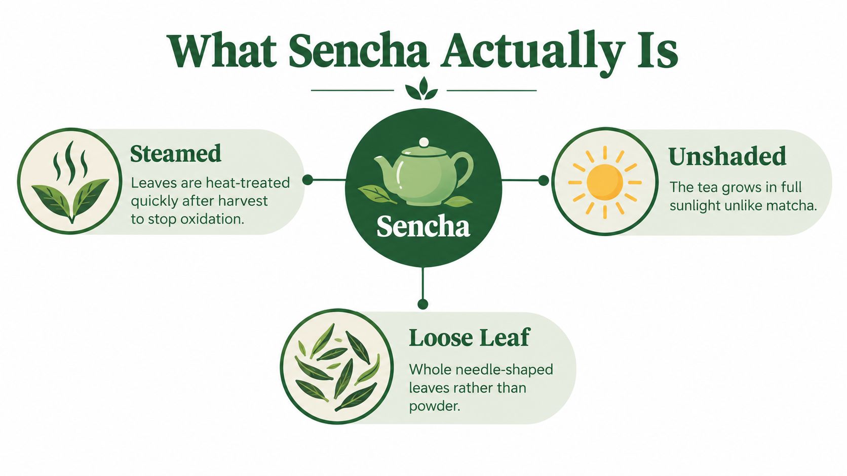 An infographic showing that Sencha is steamed, unshaded, and loose leaf green tea for brewing.