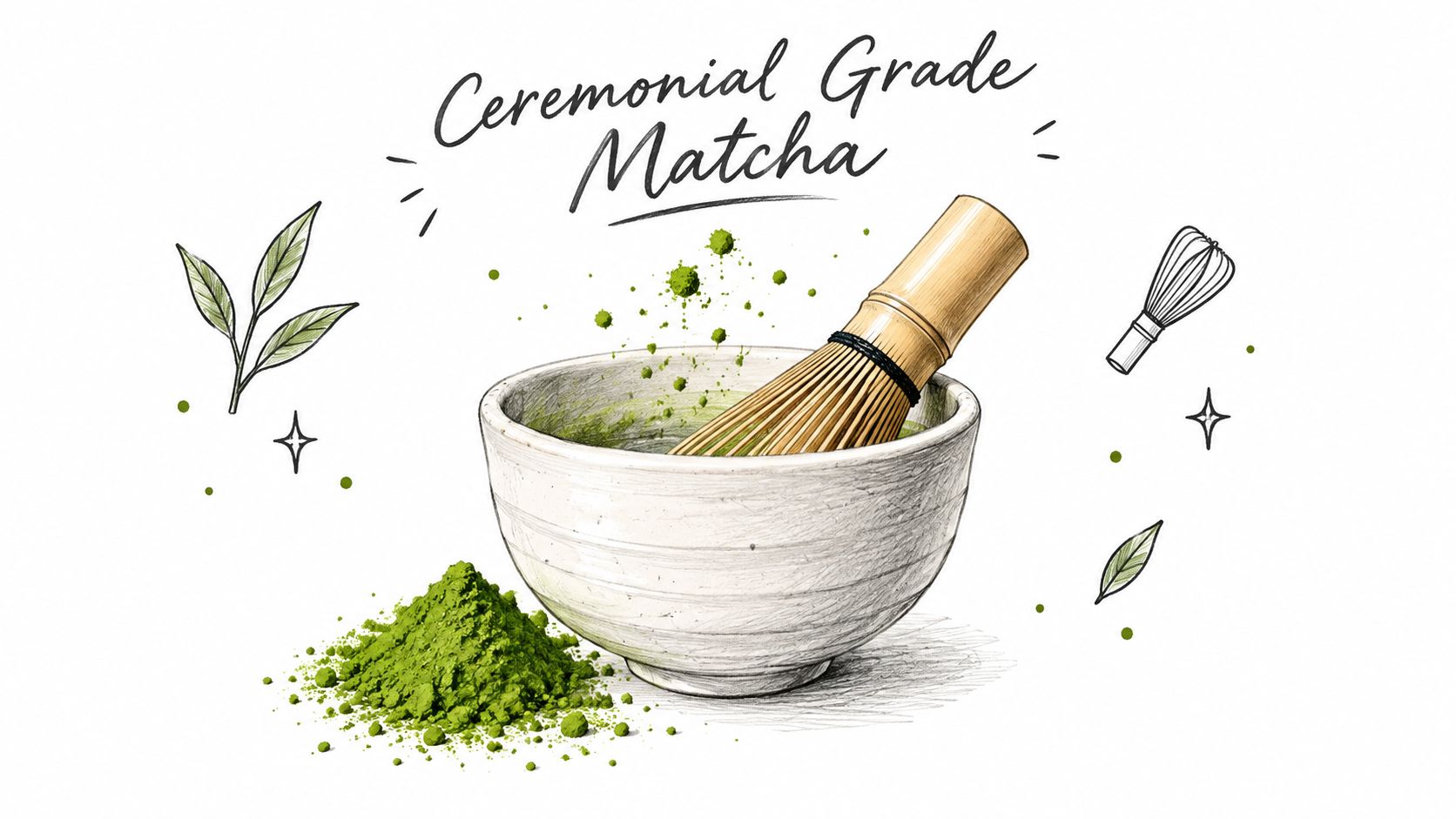 A hand-drawn illustration of ceremonial grade matcha powder with a bamboo whisk resting in a white bowl.