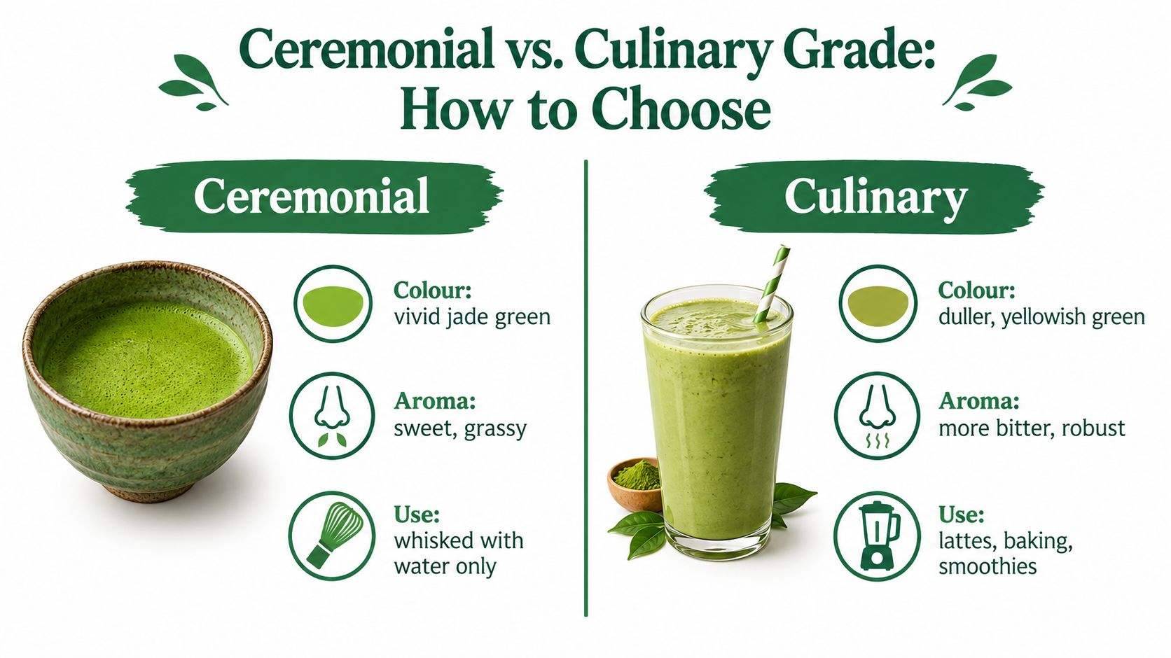 An infographic comparing ceremonial grade matcha to culinary grade matcha based on color, aroma, and typical uses.