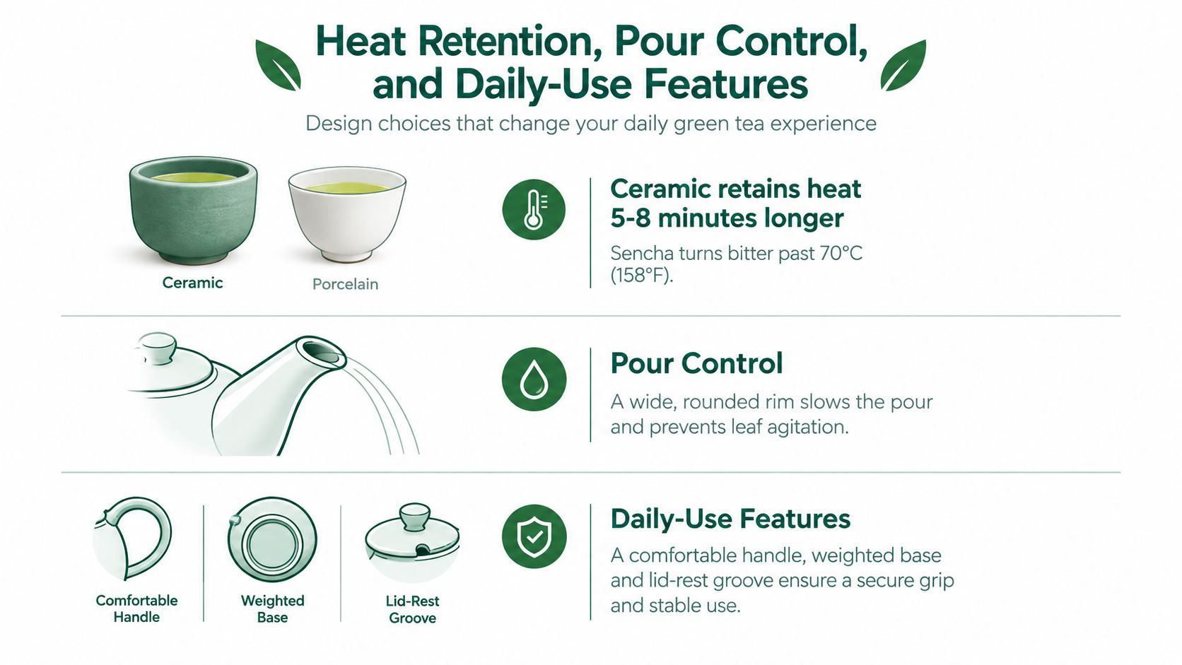 An infographic detailing design features of a tea cup for green tea, including ceramic insulation and ergonomics.