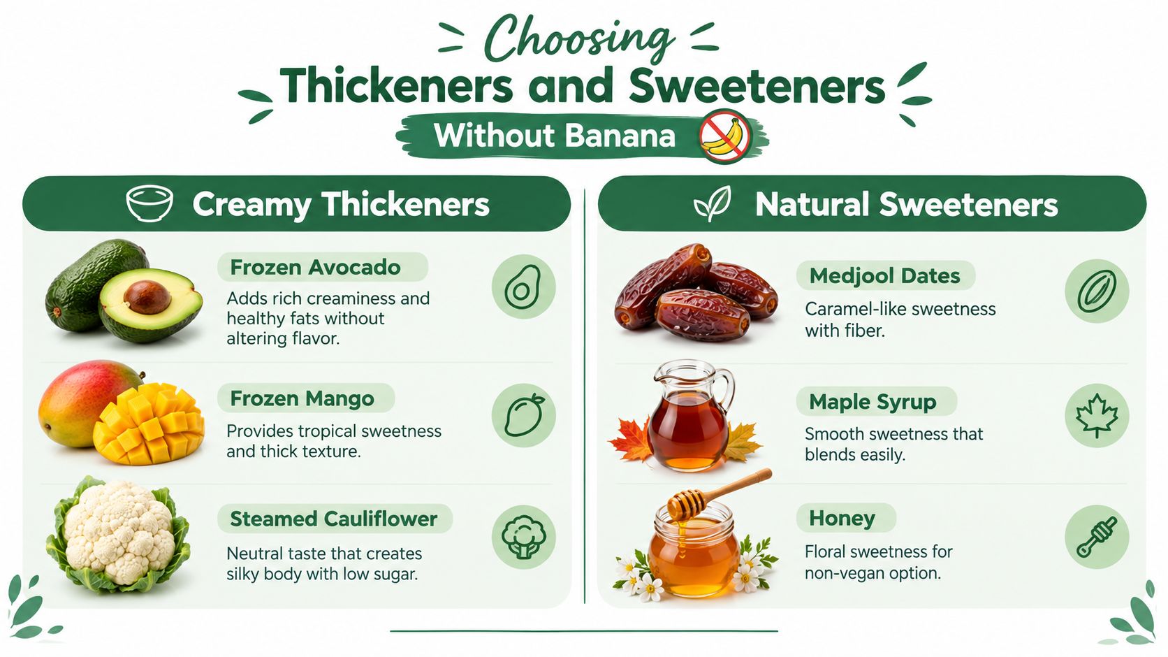 A healthy food guide illustrating various creamy thickeners and natural sweeteners as alternatives to using banana.