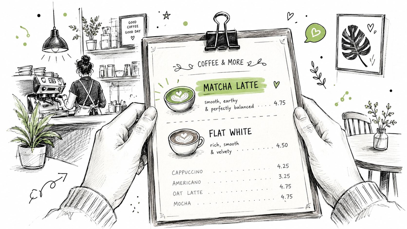 A hand-drawn illustration showing a menu for a cafe featuring matcha latte, flat white, and other beverages.