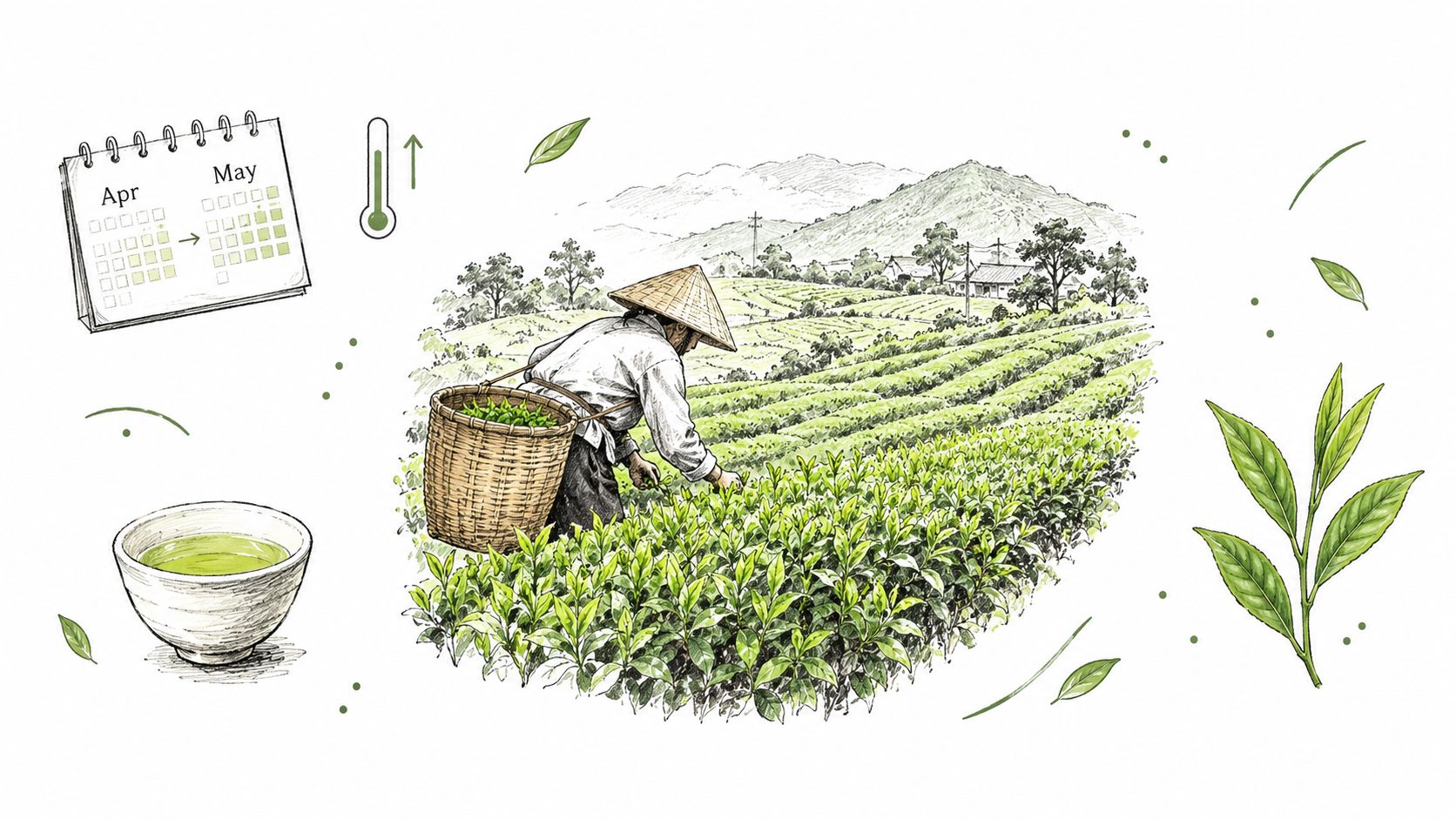 A hand-drawn illustration depicting a tea farmer harvesting fresh tea leaves in a scenic field during May.