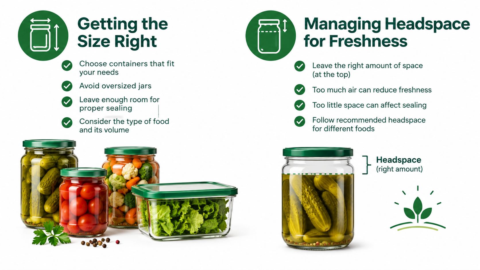 An educational graphic demonstrating proper food preservation container selection and the importance of correct headspace for freshness.