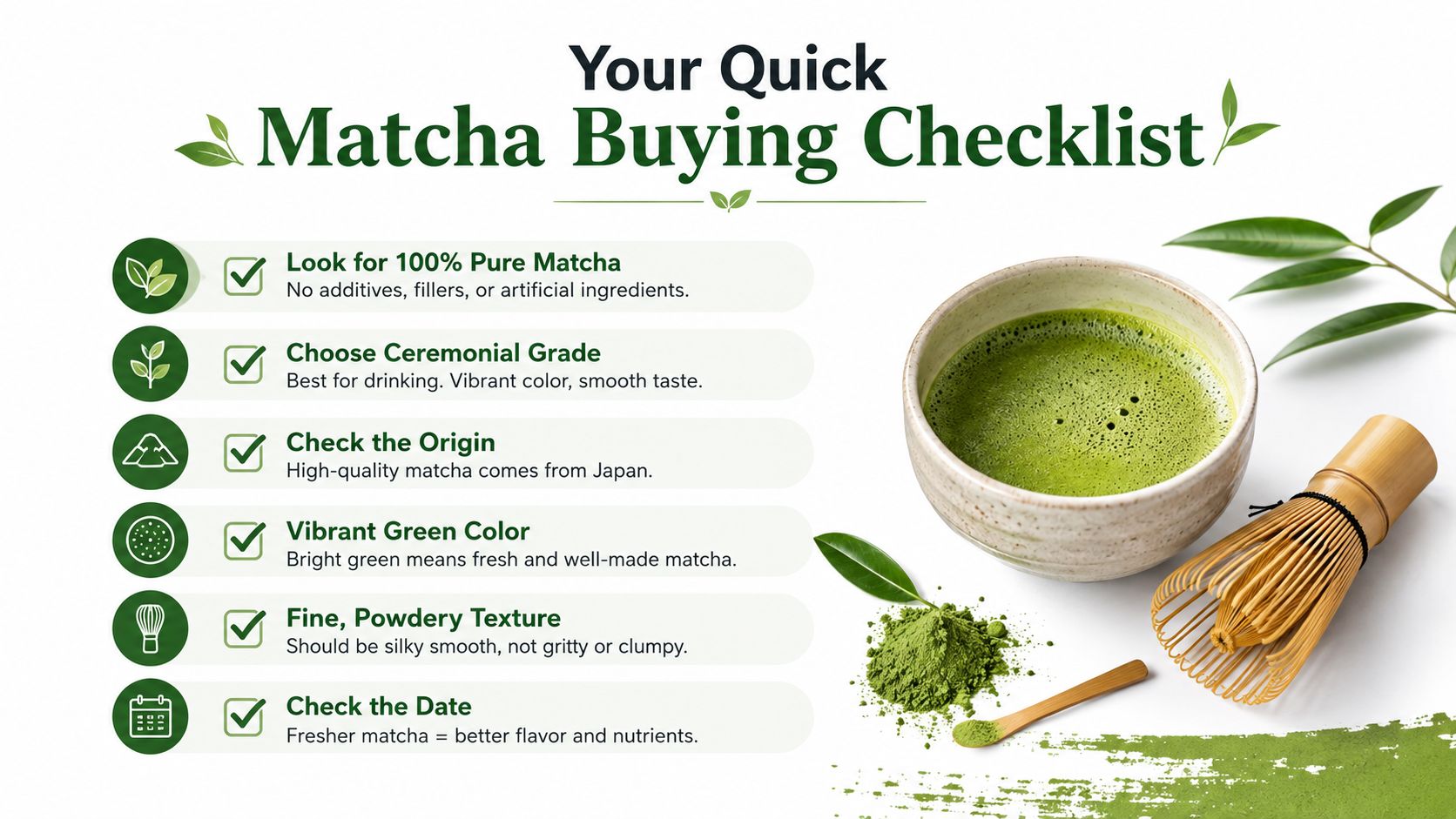 A helpful infographic checklist for choosing high-quality matcha powder, featuring a bowl of matcha and a bamboo whisk.