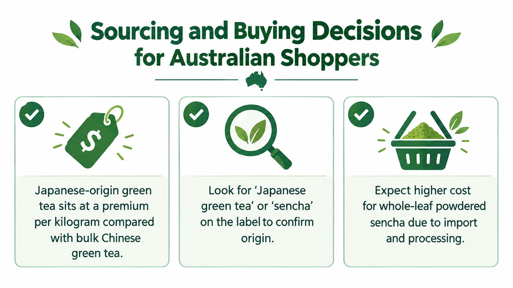 An infographic titled Sourcing and Buying Decisions for Australian Shoppers, explaining how to identify and value Japanese green tea.