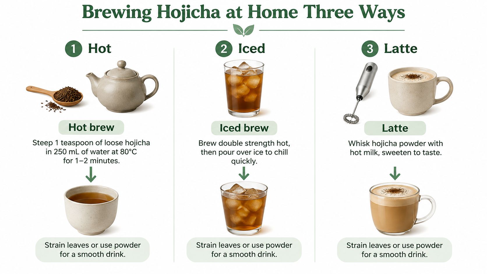An instructional infographic detailing three different methods to brew hojicha tea: hot, iced, and as a latte.