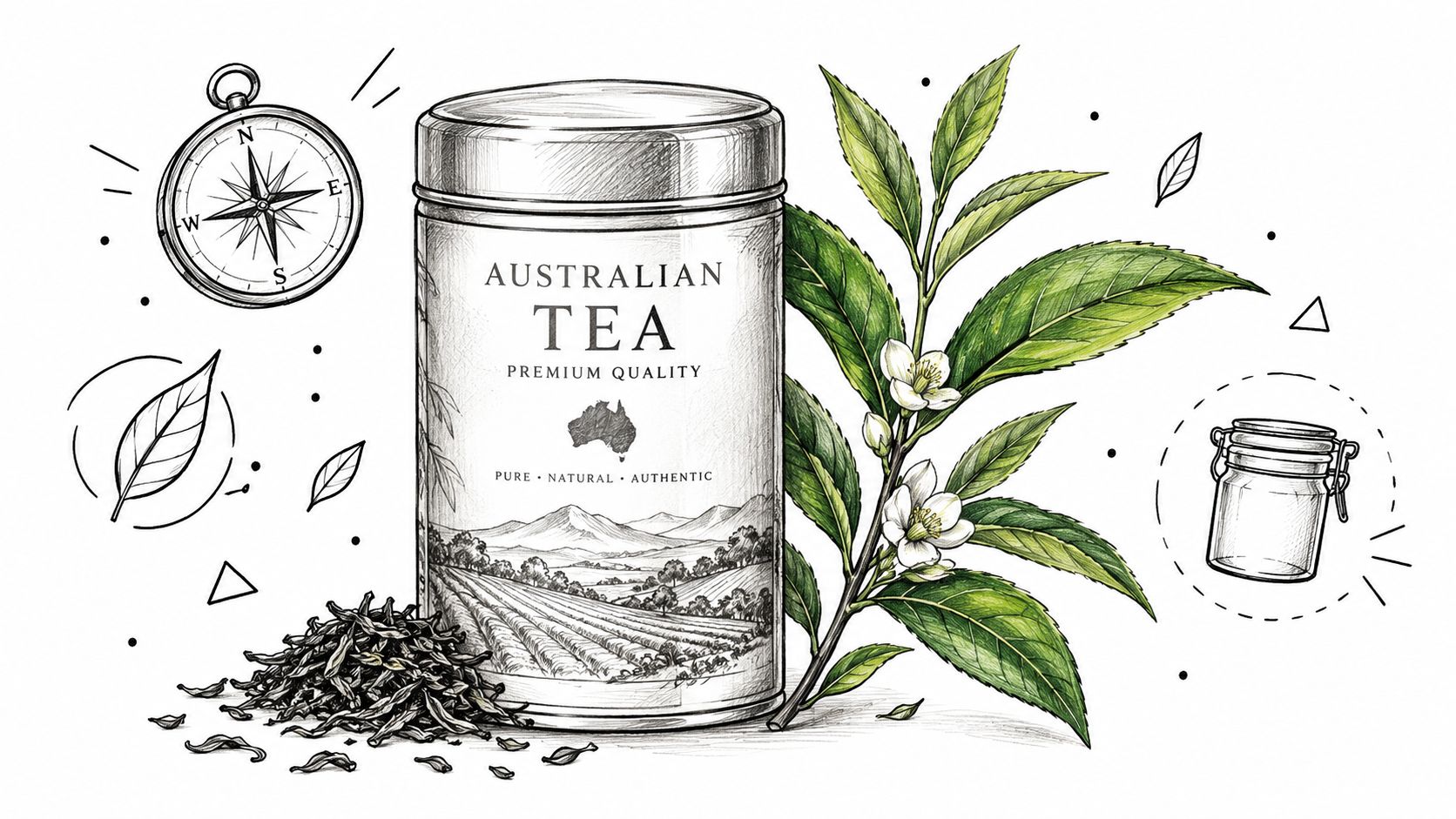 An illustration of an Australian tea canister surrounded by tea leaves, flowers, a compass, and a jar.