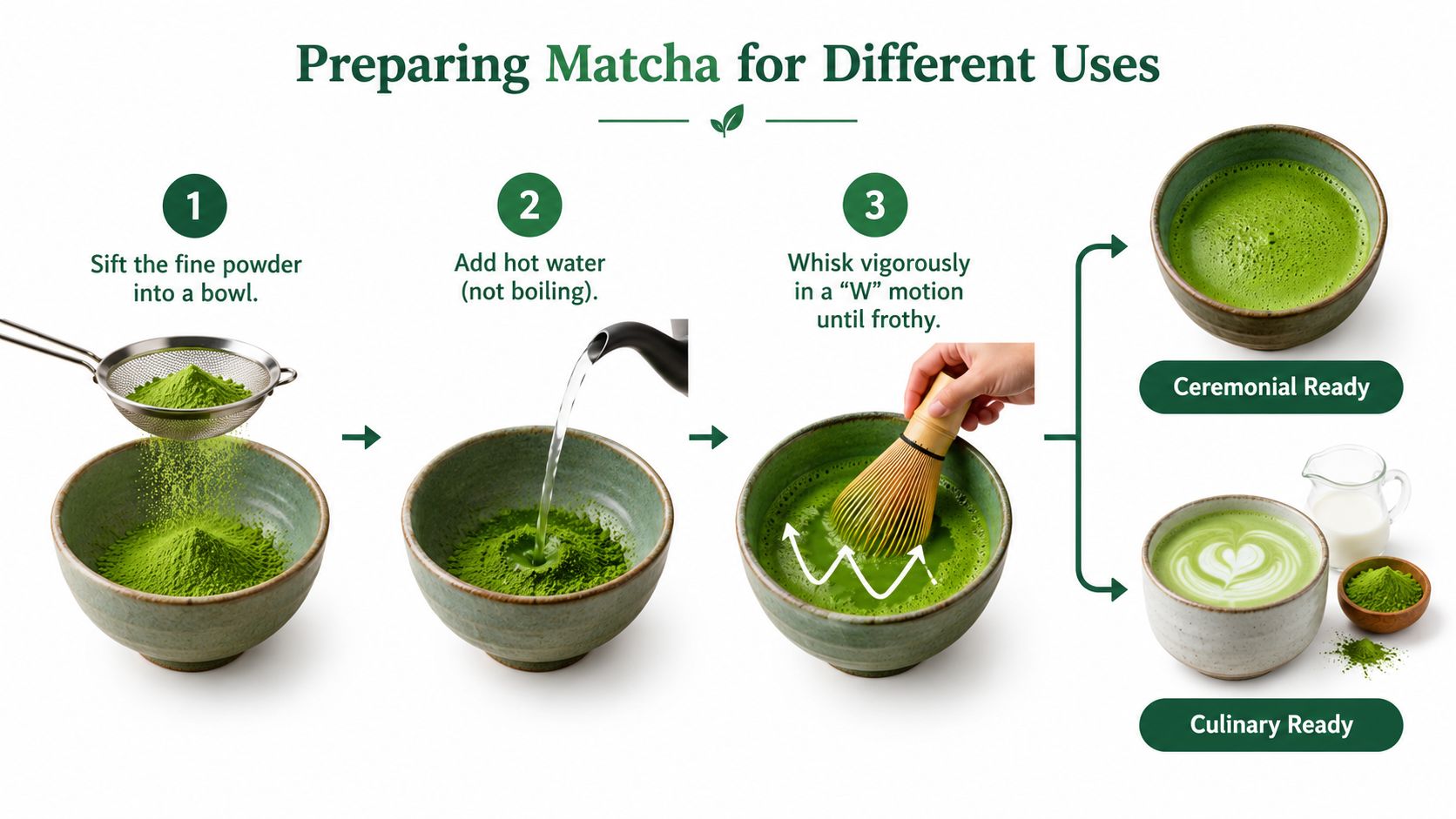 A three-step infographic showing how to prepare matcha green tea for ceremonial or culinary use.