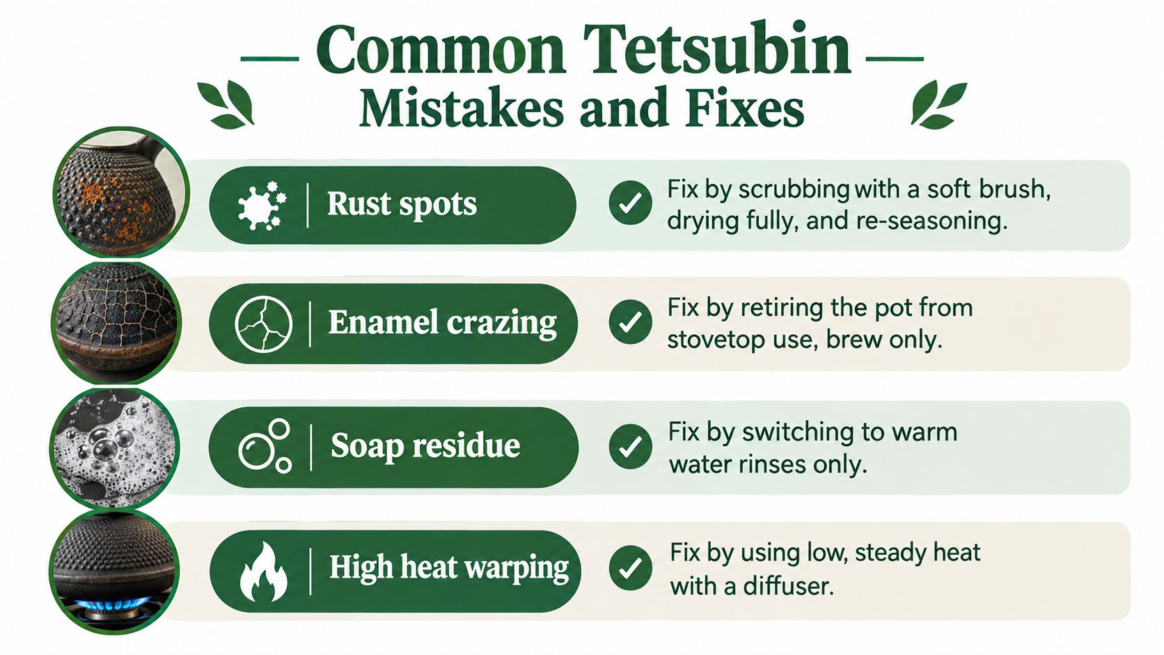 A helpful infographic outlining common issues with Japanese cast iron tetsubin teapots and how to fix them.