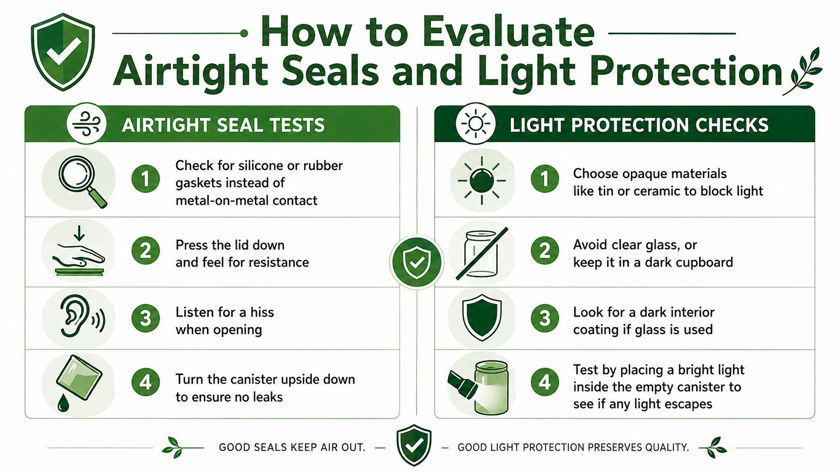 A helpful infographic outlining four tips for testing airtight seals and four checks for light protection canisters.