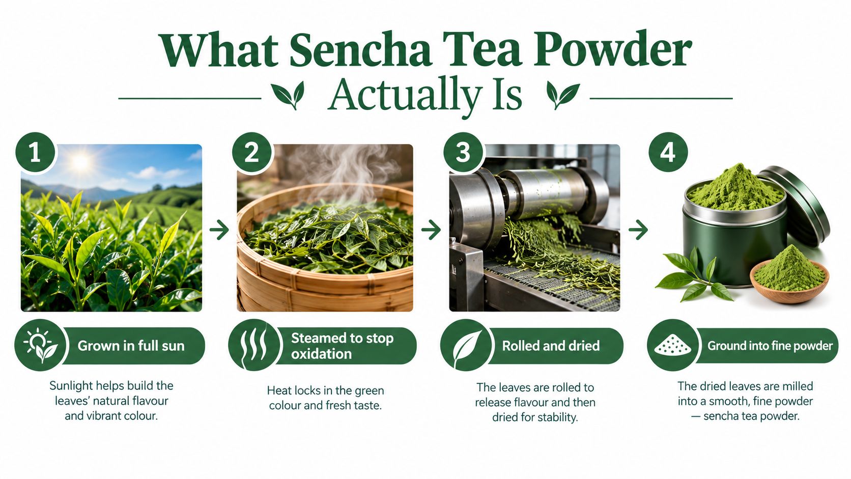 An infographic detailing the four-step production process of sencha tea powder from cultivation to fine milling.